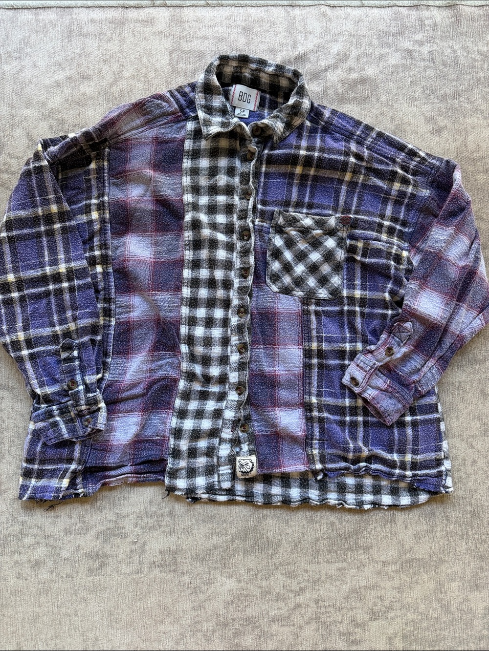 BDG Patchwork Plaid Button-Down Flannel Shirt in Purple and Black